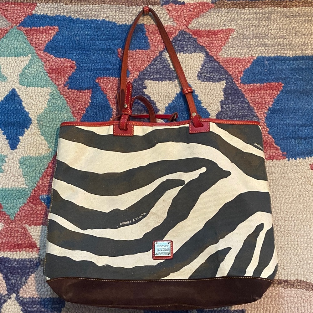 Dooney & Bourke Zebra Print Tote Bag in Brown and White with Red leather Trim